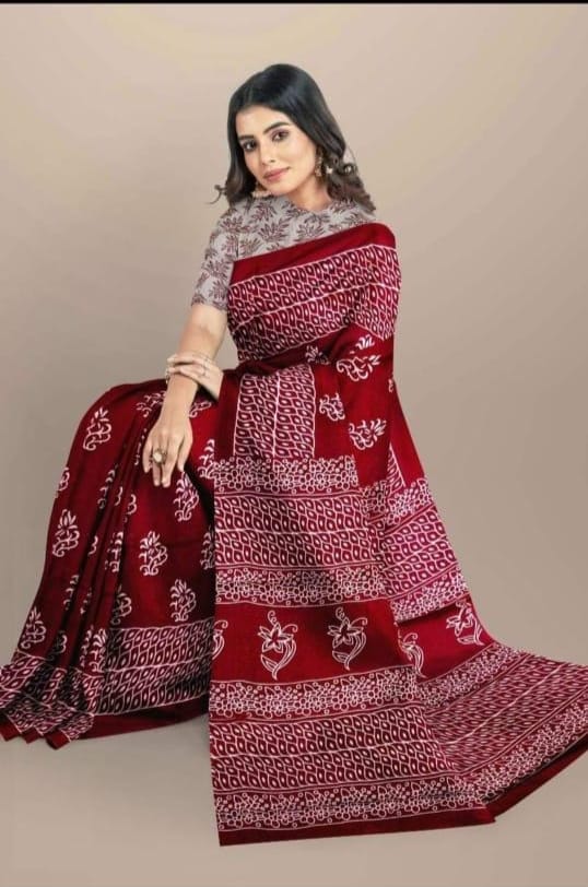 Maroon & White Coloured Premium Mul Mul Cotton Saree