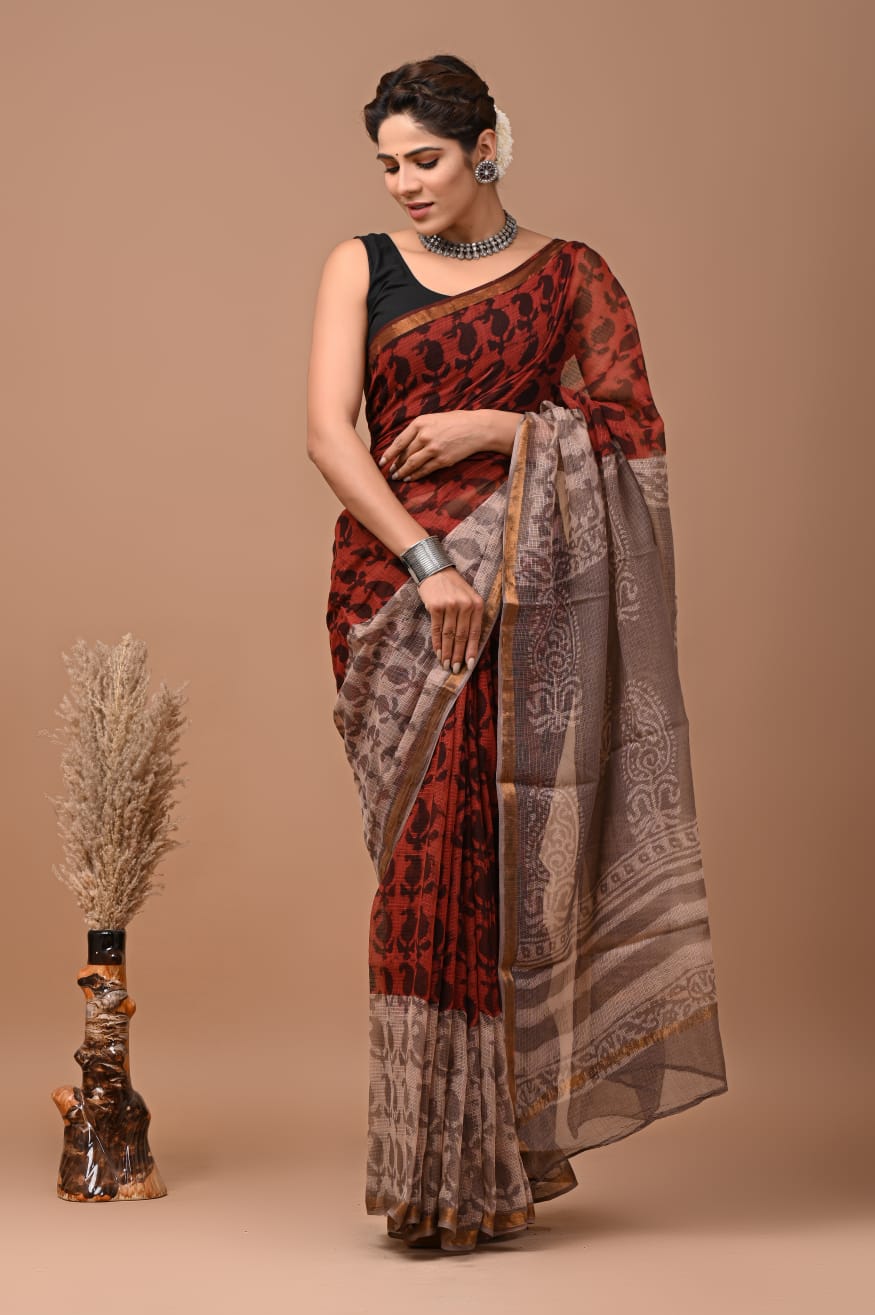 Firebricks Kota Doriya Saree with Golden Border Hand Block Print Work